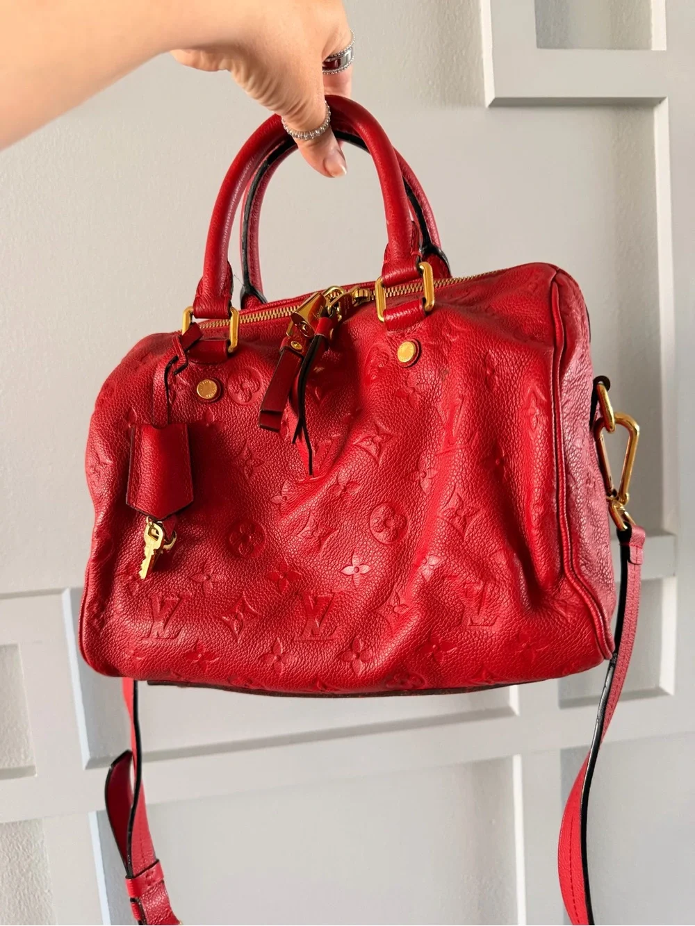 Louis Vuitton Red Empreinte Speedy 25 Bandolier